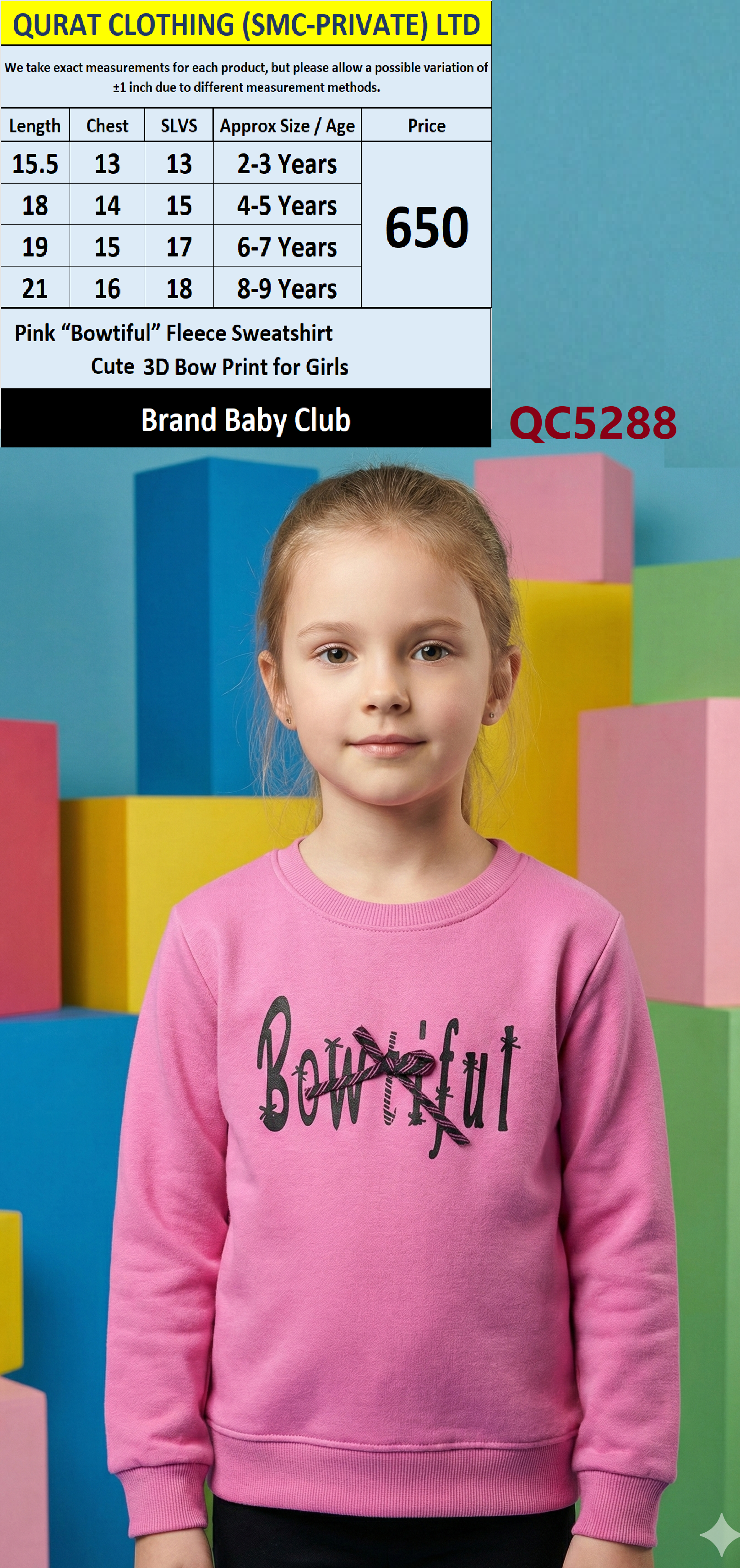Baby Club Brand Pink “BOWTIFUL” 3D Bow Fleece Sweatshirt QC5288