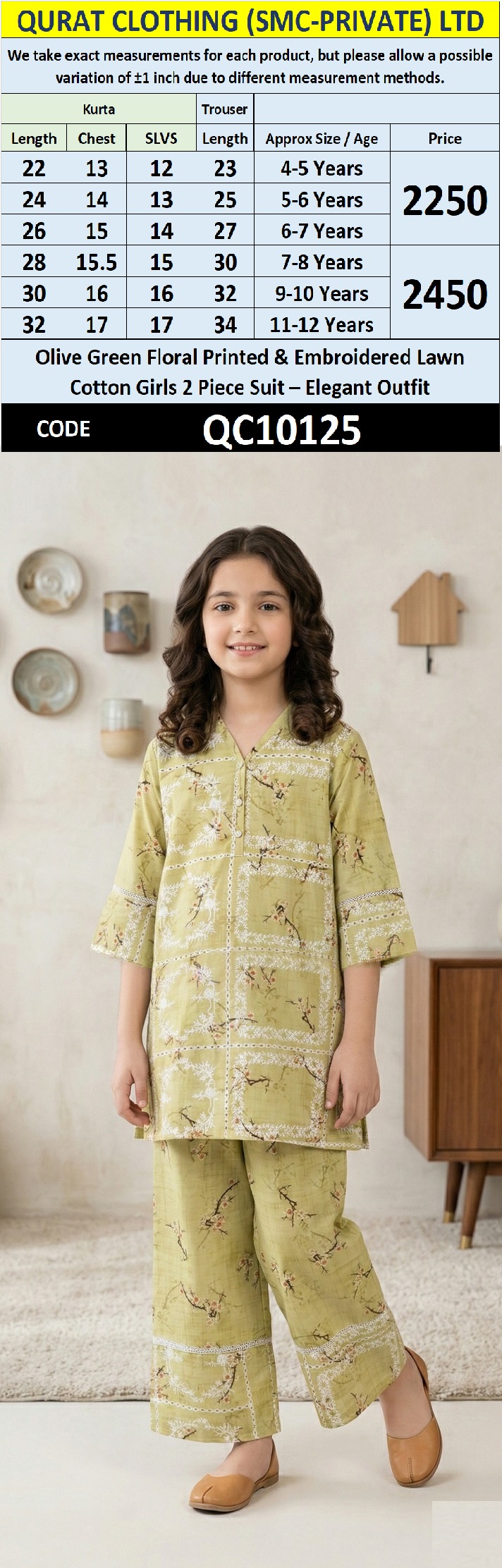 Olive Green Floral Printed & Embroidered Lawn Cotton Girls 2 Piece Suit – Elegant Outfit QC10125 - QC10125