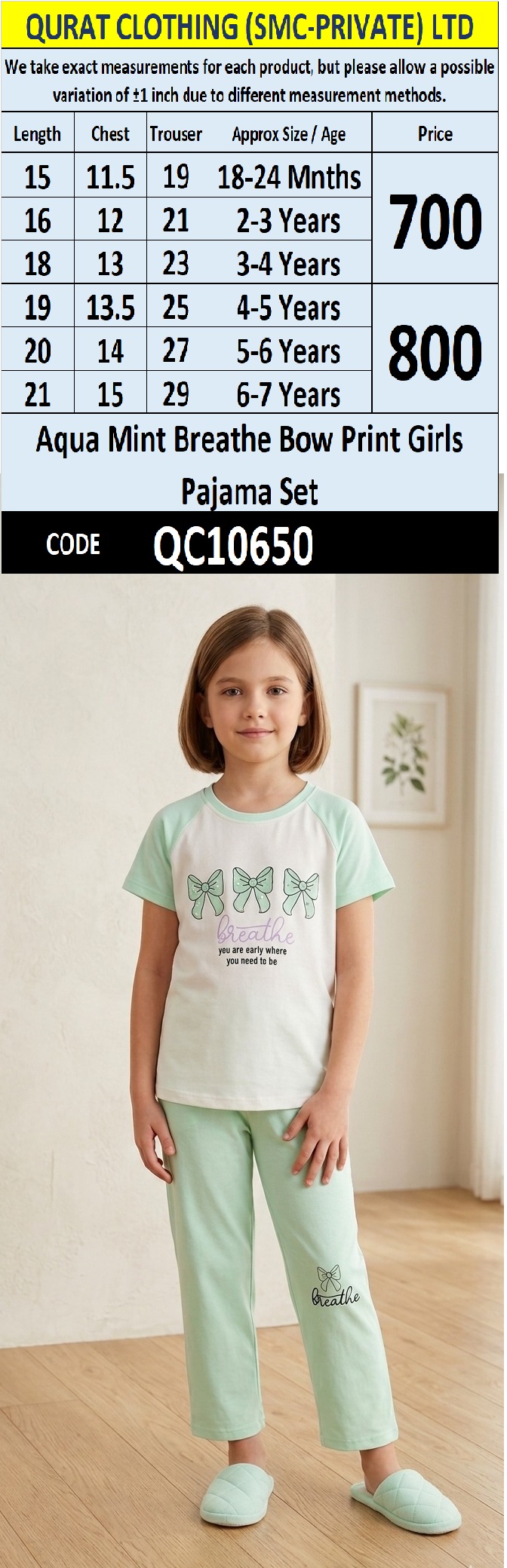 Aqua Mint Breathe Bow Print Girls Pajama Set QC10650