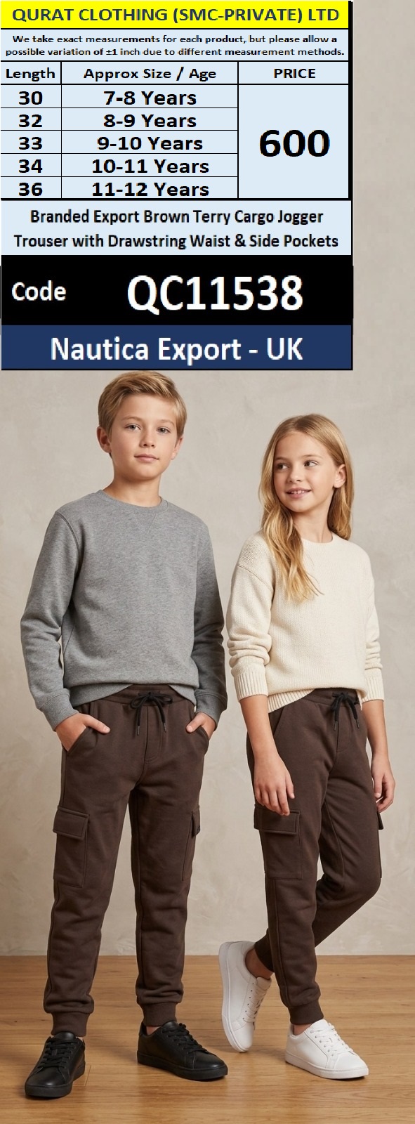 Nautica Export UK Branded Brown Terry Cargo Jogger Trouser with Drawstring Waist & Side Pockets – QC11538