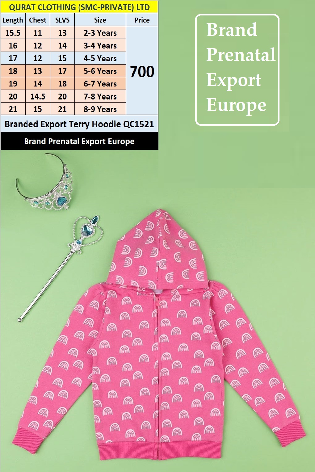 Prenatal Brand Pink Rainbow Terry Hoodie QC1521 Export Europe