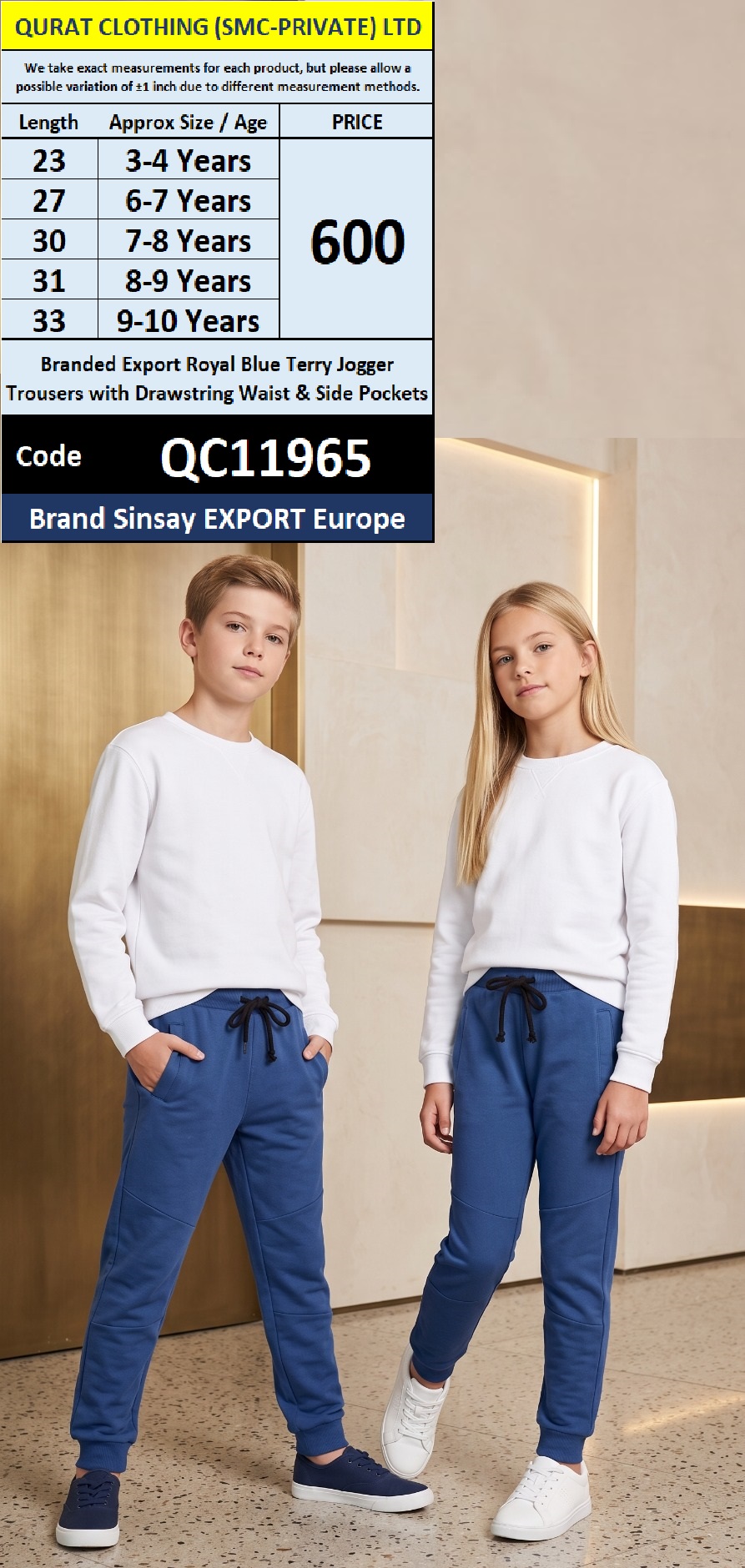 Sinsay Export Europe Branded Export Royal Blue Terry Jogger Trousers with Drawstring Waist & Side Pockets – QC11965