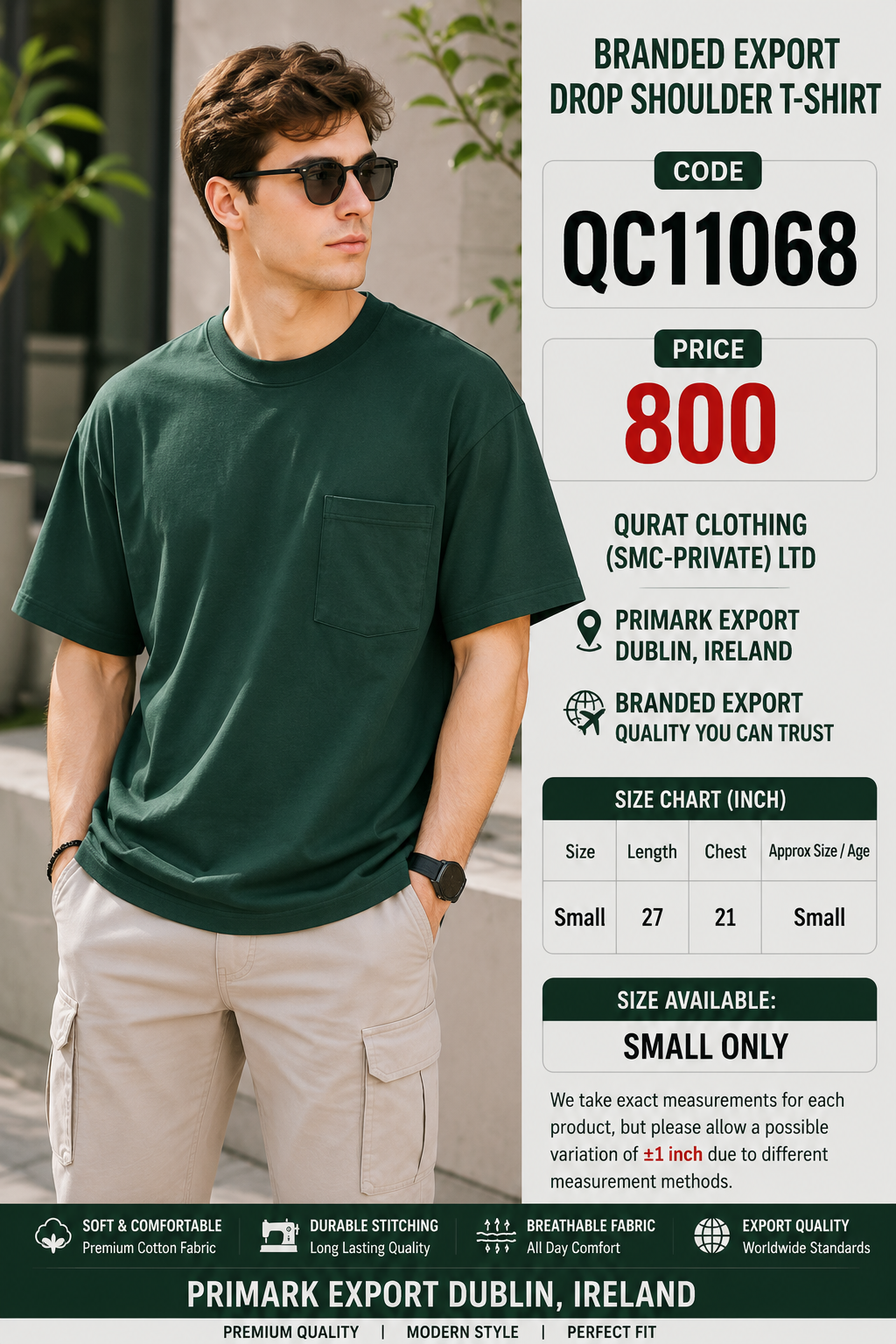 Dark Green Plain Branded Export Drop Shoulder T-Shirt QC11068 – Primark Export Dublin Ireland