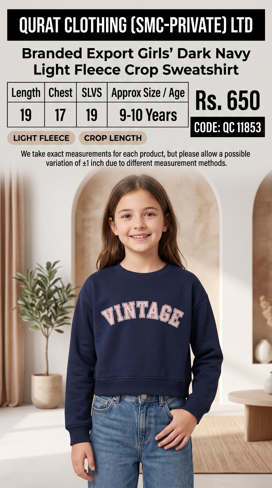 Zeeman Branded dark navy light fleece crop sweatshirt with Vintage lettering — QC11853