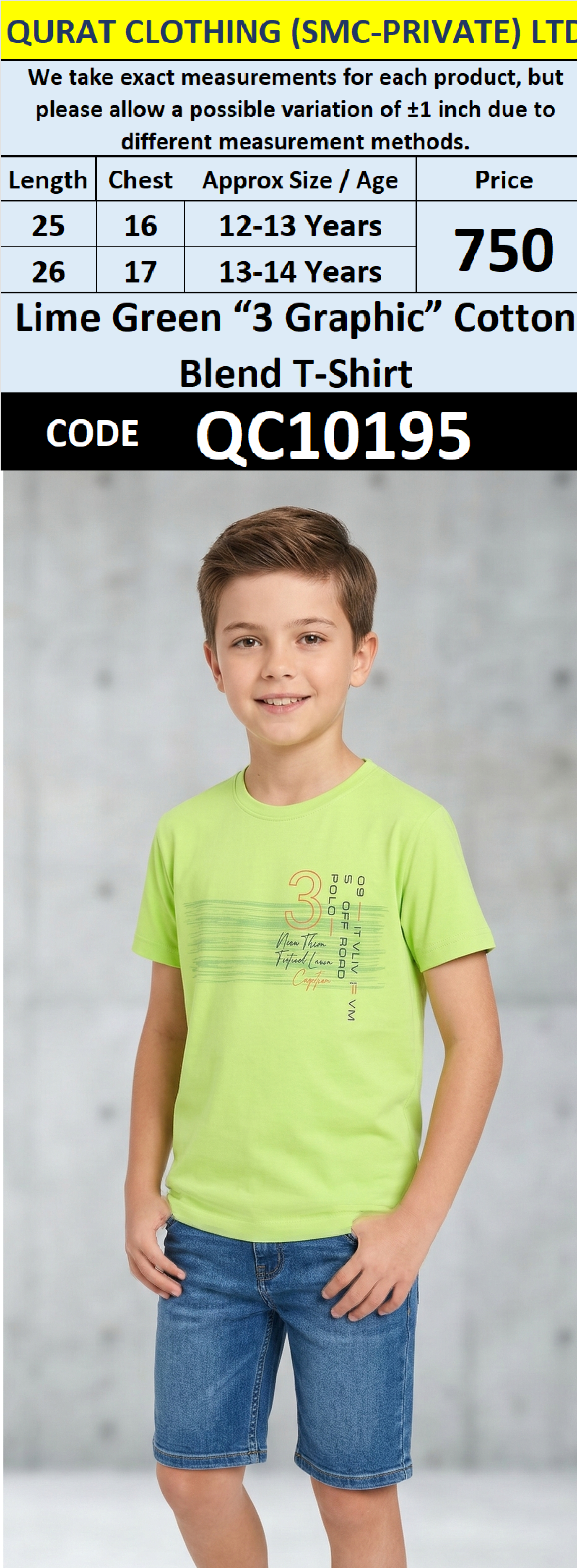 Lime Green “3 Graphic” Cotton Blend T-Shirt – QC10195