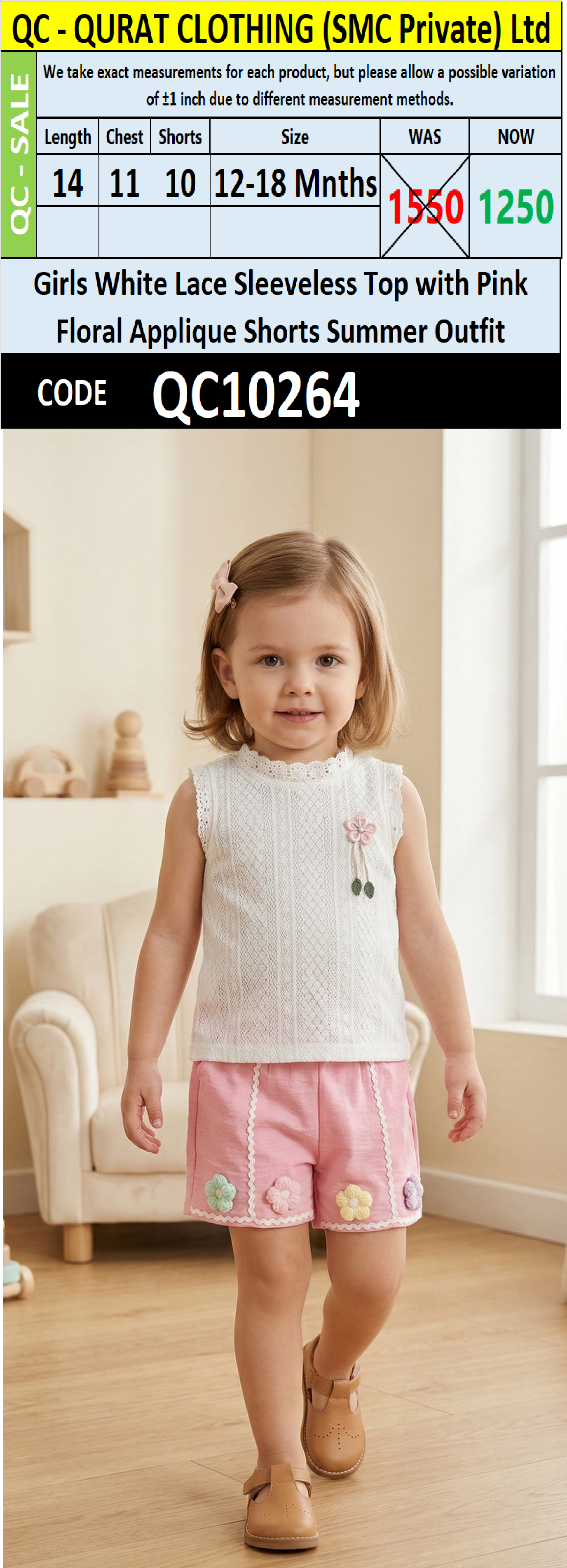 Girls White Lace Sleeveless Top with Pink Floral Applique Shorts Summer Outfit – QC10264