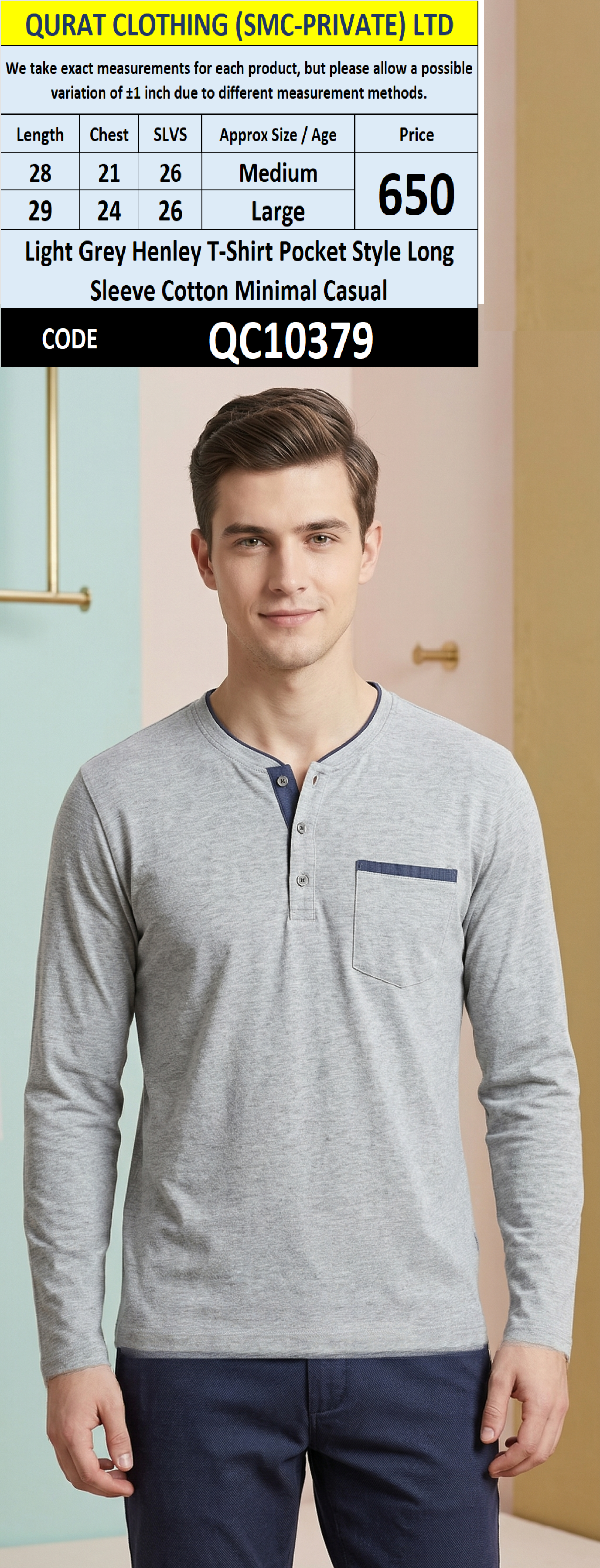 Light Grey Henley T-Shirt Pocket Style Long Sleeve Cotton Minimal Casual QC10379