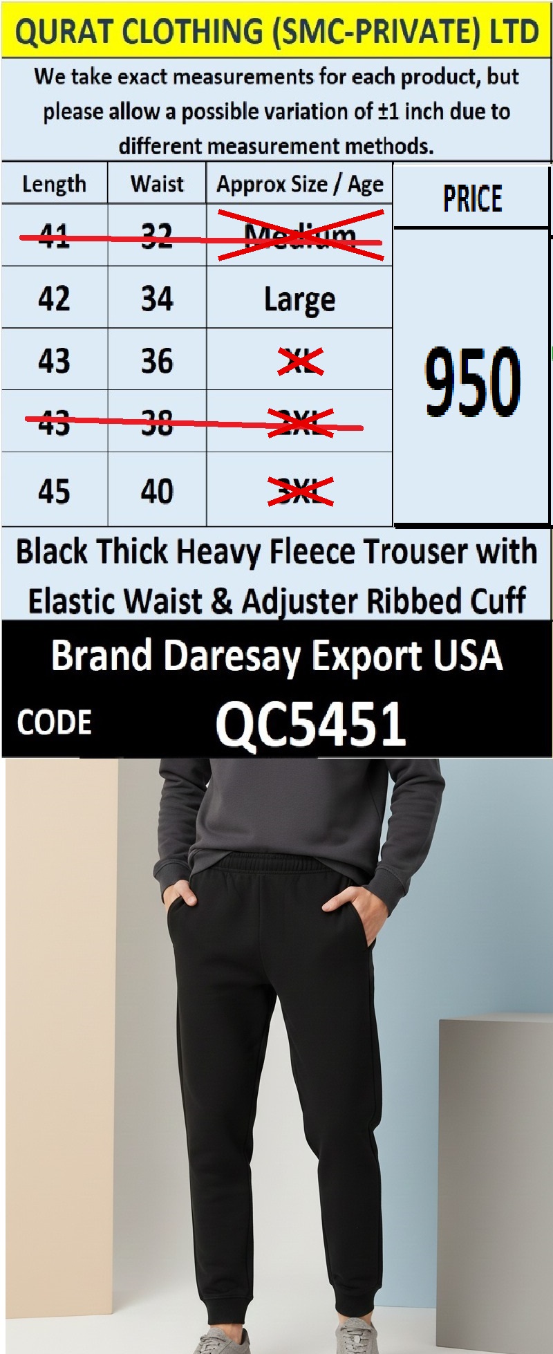 Black Thick Heavy Fleece Trouser with Elastic Waist & Ribbed Cuff – QC5451
