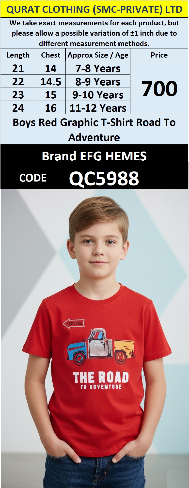 Red Cotton-Blend T-Shirt THE ROAD TO ADVENTURE Truck Graphic Printed Design – Kids Tee – QC5988