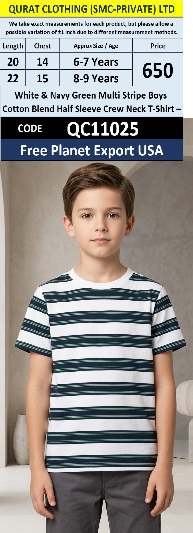 White & Navy Green Multi Stripe Boys Cotton Blend Half Sleeve Crew Neck T-Shirt – QC11025 – Free Planet Export USA