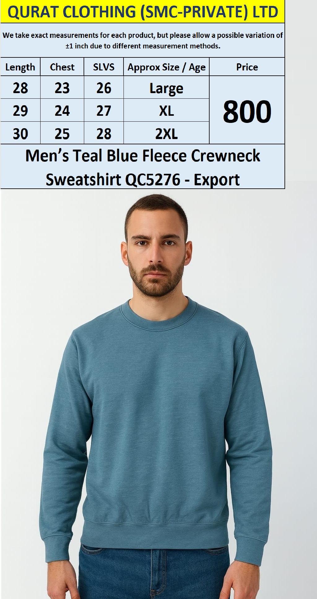 Men’s Teal Blue Fleece Crewneck Sweatshirt QC5276 – Export 