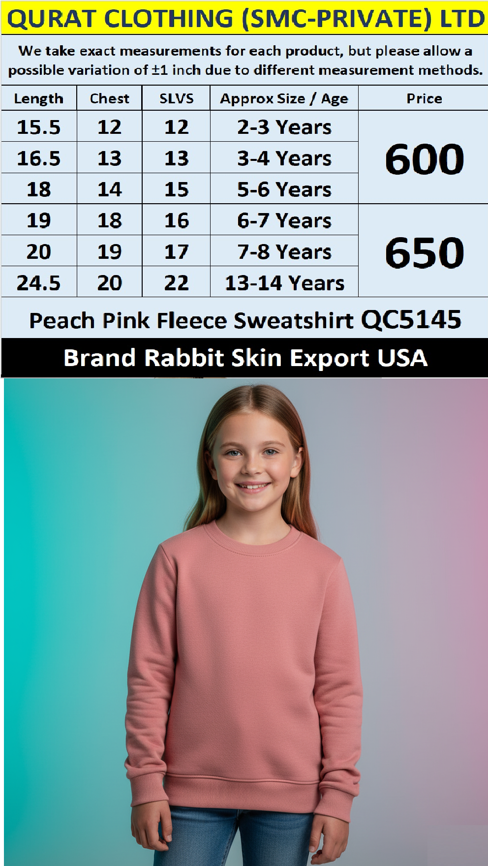 Peach Pink Fleece Sweatshirt – QC5145 (Rabbit Skin Export USA