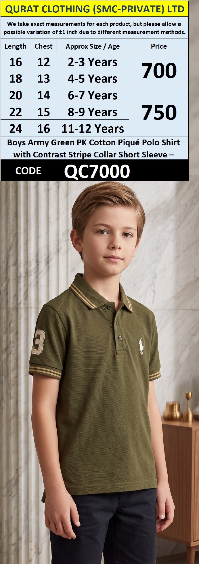 Boys Army Green PK Cotton Piqué Polo Shirt with Contrast Stripe Collar Short Sleeve – QC7000