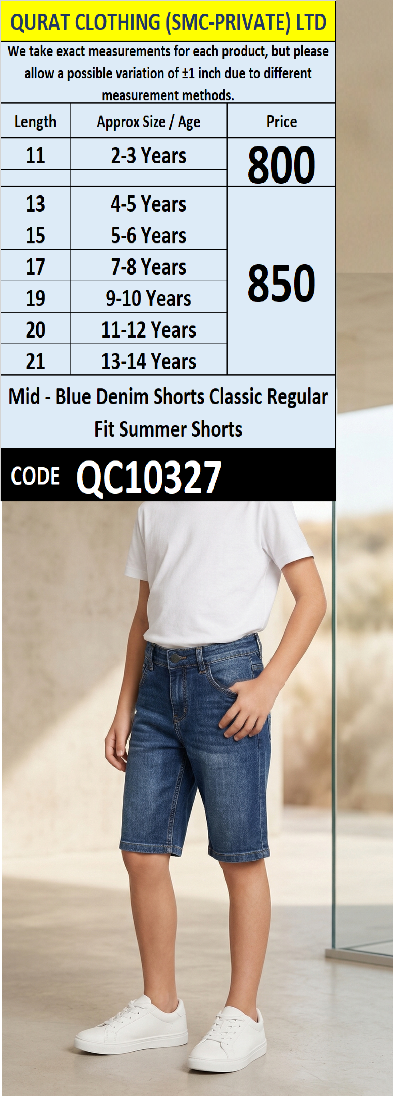 Mid - Blue Denim Shorts Classic Regular Fit Summer Shorts – QC10327
