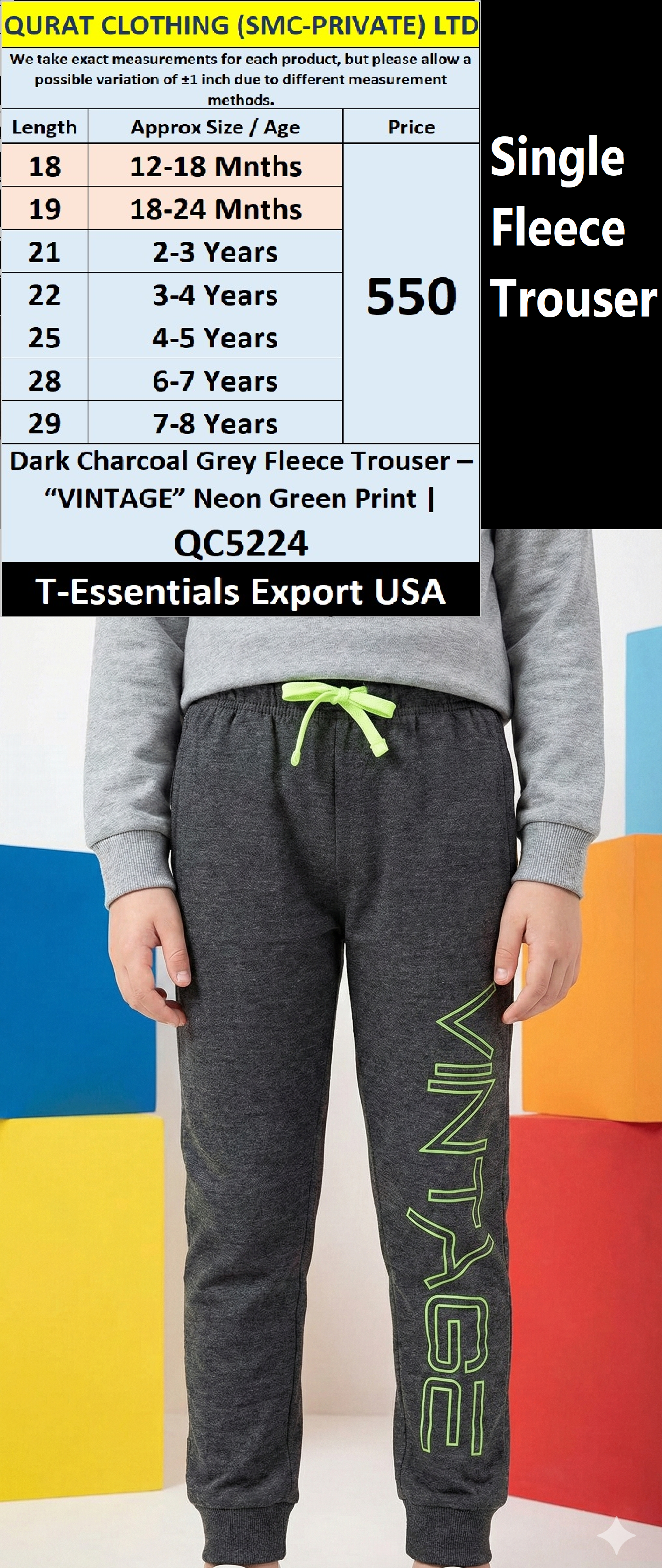 Dark Charcoal Grey Fleece Trouser – “VINTAGE” Neon Green Print | T-Essentials Export USA – QC5224