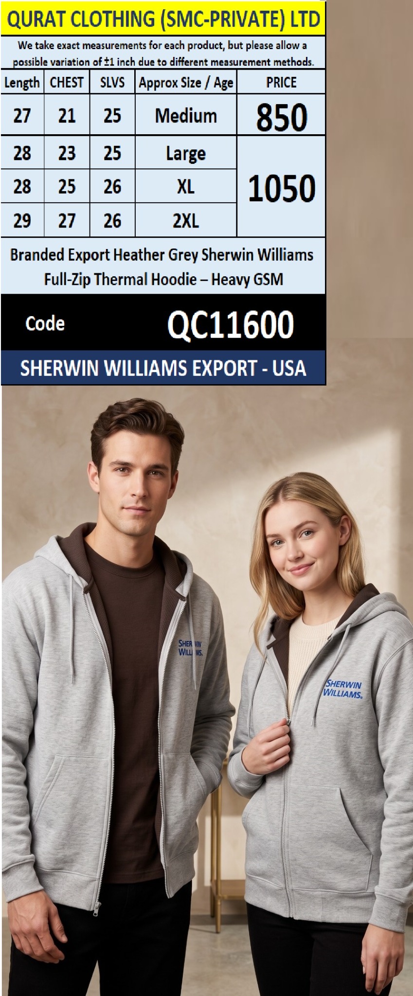 Branded Export Heather Grey Sherwin Williams Full-Zip Thermal Hoodie – Heavy GSM – Export USA – QC11600
