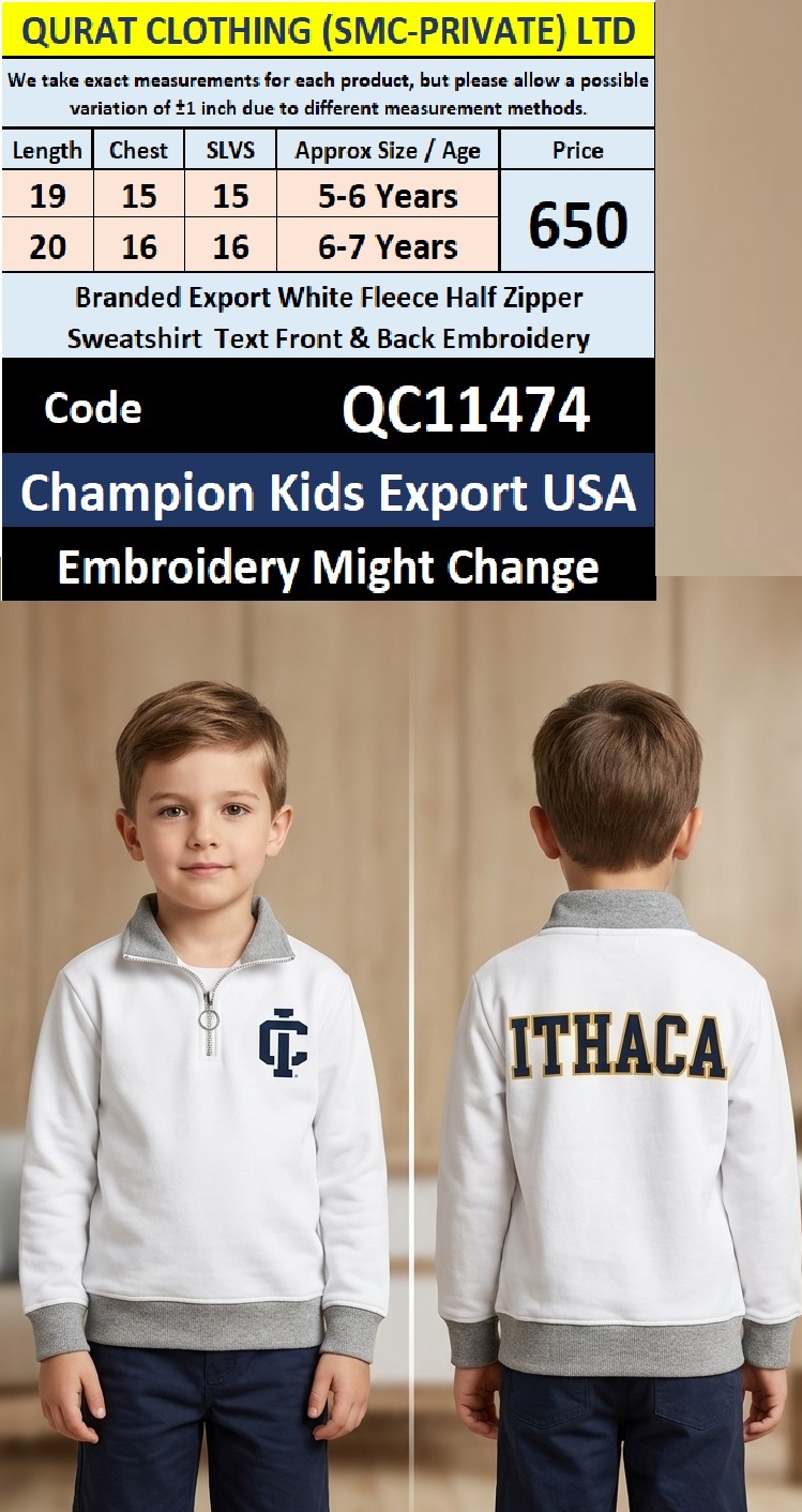 Branded Export White Fleece Half Zipper Sweatshirt Text Front & Back Embroidery – Champion Kids Export USA – QC11474