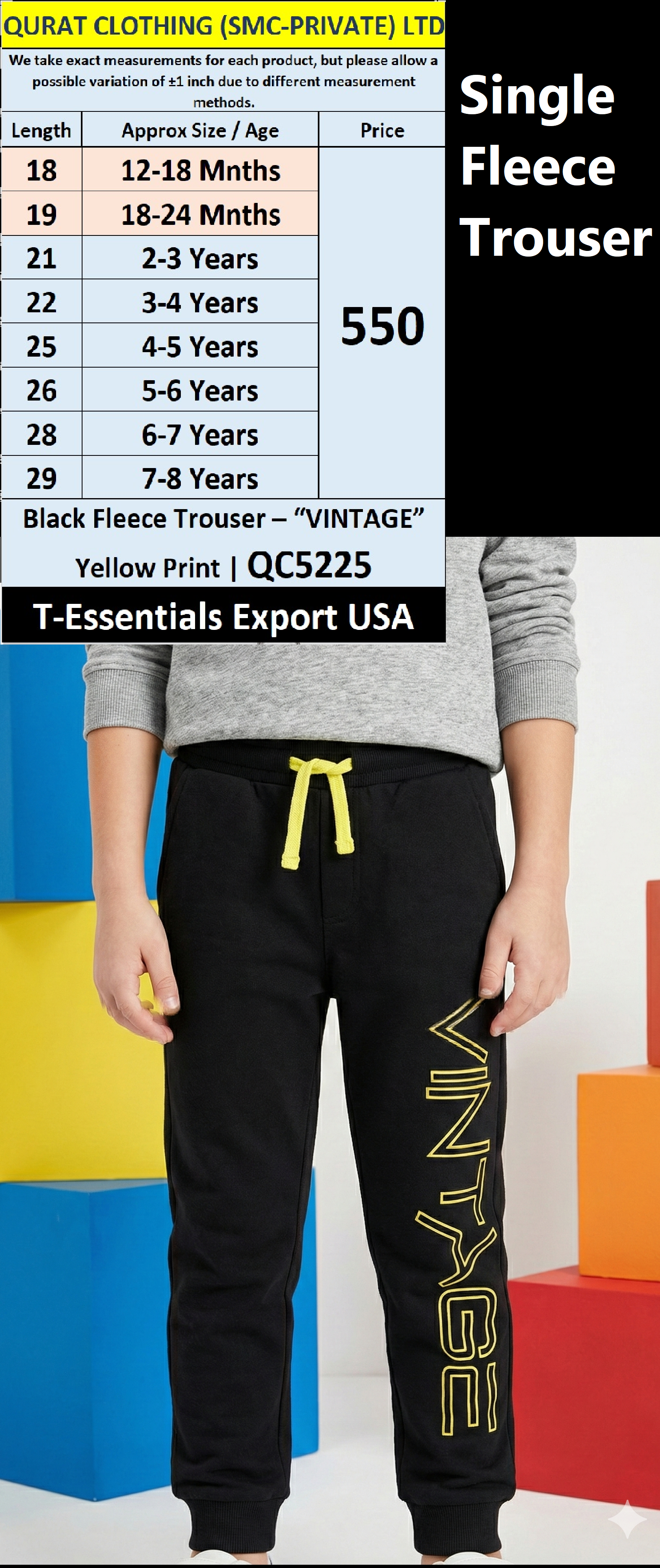 Black Fleece Trouser – “VINTAGE” Yellow Print | T-Essentials Export USA | QC5225