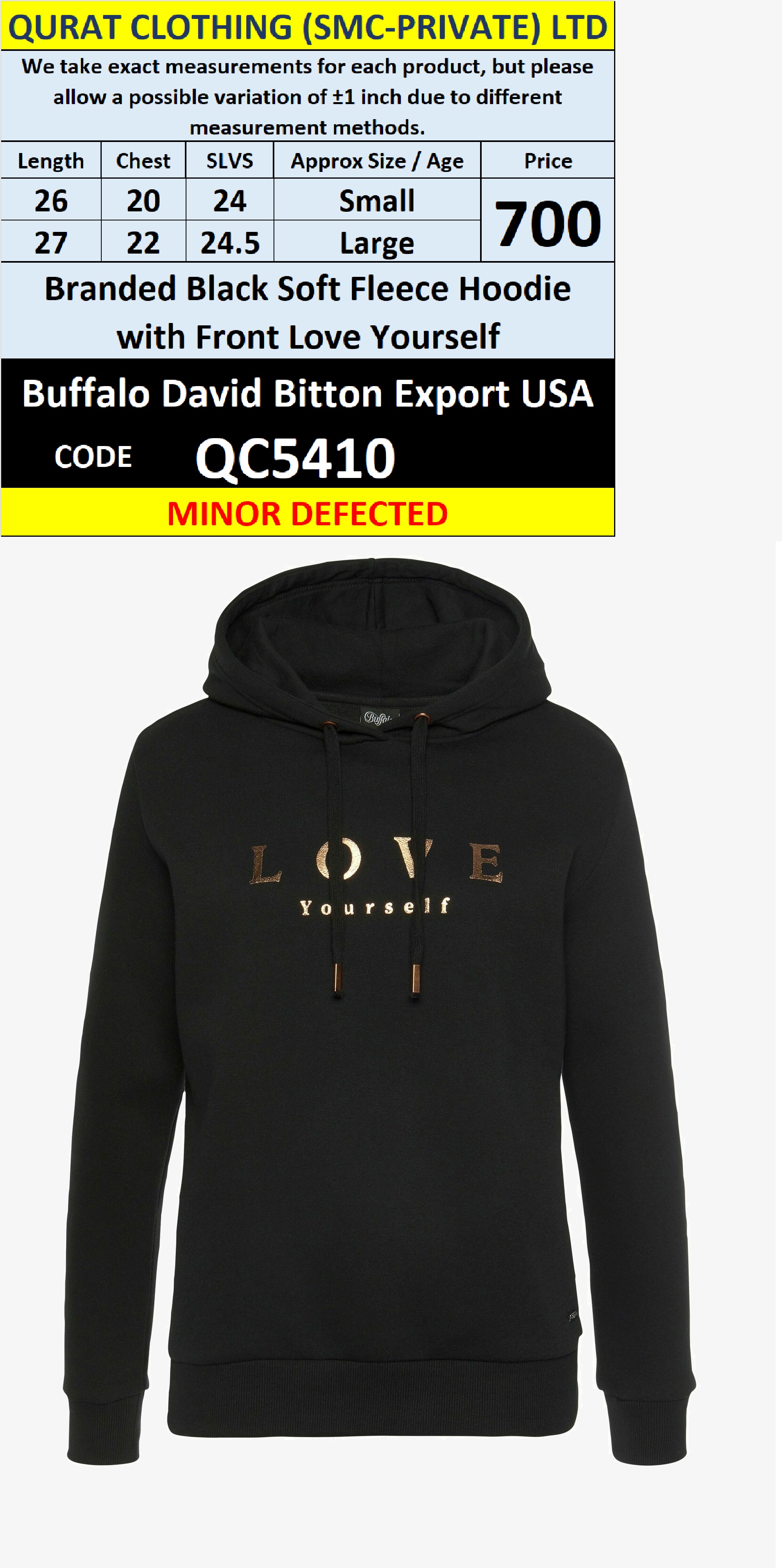 Buffalo David Bitton Black Soft Fleece Hoodie LOVE Yourself QC5410 – Export USA (Minor Defected) - QC5410