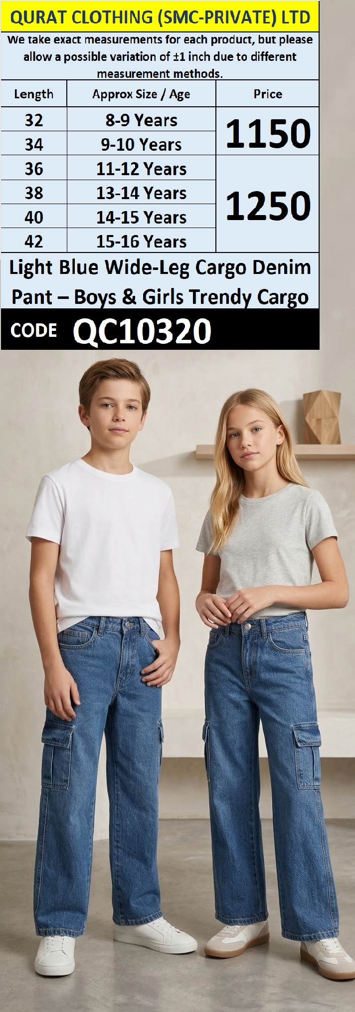 Light Blue Wide-Leg Cargo Denim Pant – Boys & Girls Trendy Cargo QC10320