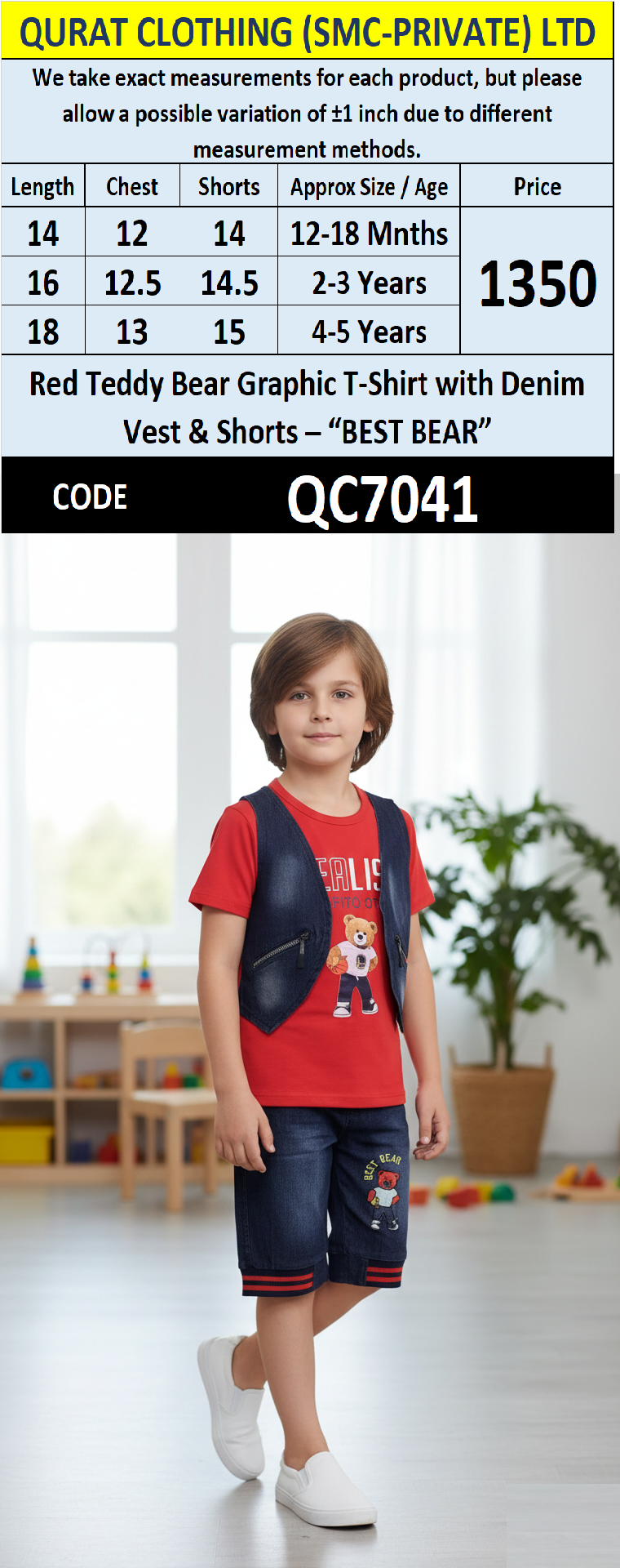 Red Teddy Bear “BEST BEAR” Graphic T-Shirt with Attached Denim Vest & Denim Shorts Boys 2-Piece Set QC7041
