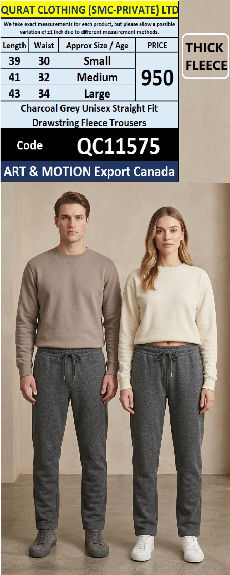 Charcoal Grey Unisex Straight Fit Drawstring Fleece Trousers – ART & MOTION Export Canada – QC11575