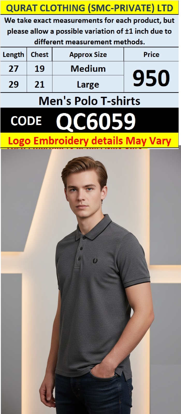 Charcoal Grey PK Cotton Piqué Polo T-Shirt Embroidered Logo Men’s Regular Fit – QC6059