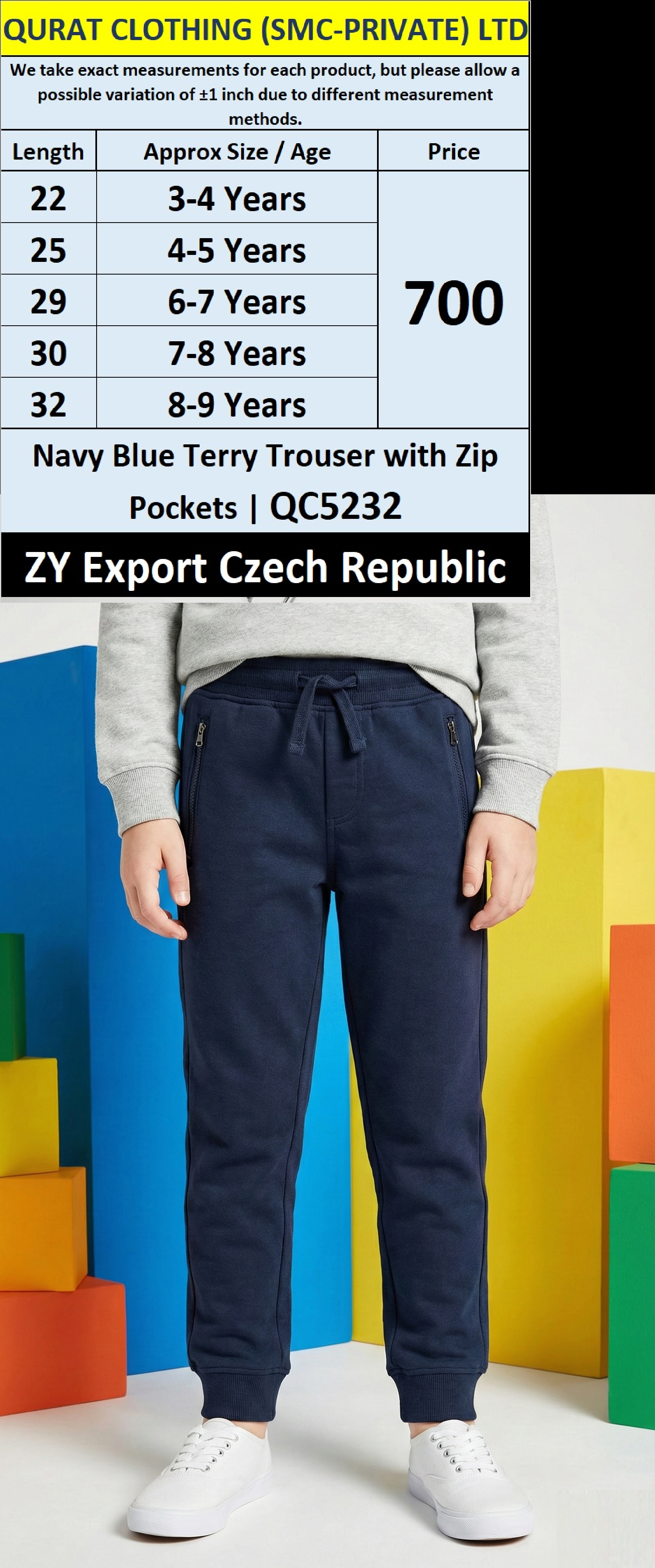 Navy Blue Terry Trouser with Zip Pockets – QC5232 | ZY Export Czech Republic