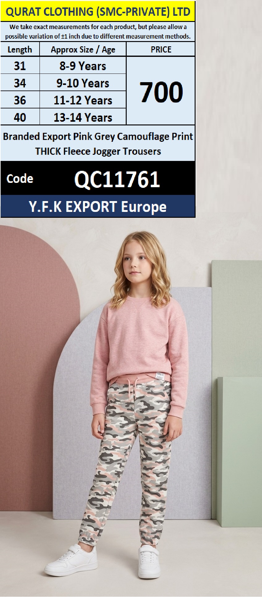 Branded Export Pink Grey Camouflage Print THICK Fleece Jogger Trousers Y.F.K EXPORT Europe QC11761