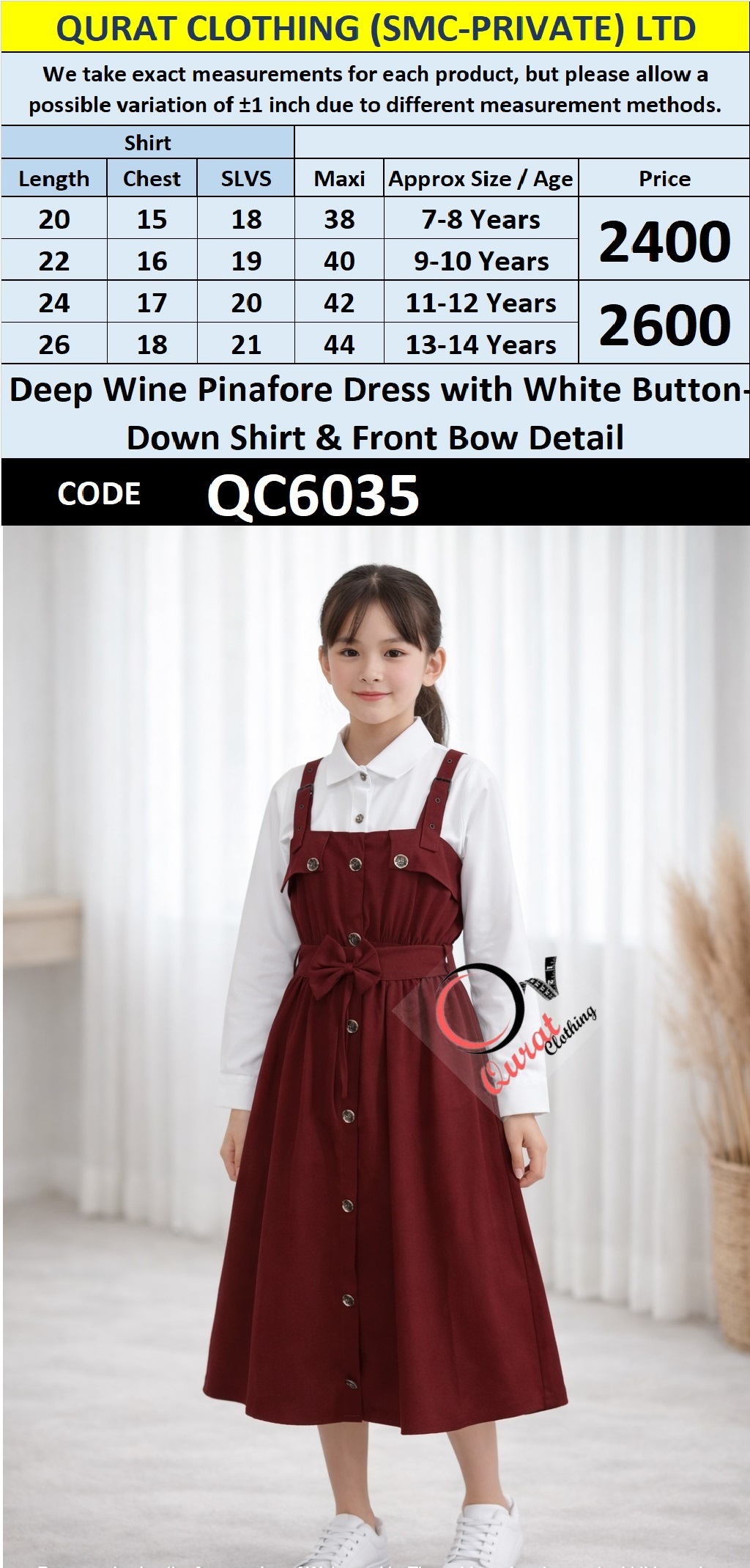 Deep Wine Pinafore Dress Two Piece Set with White Button-Down Shirt & Front Bow Detail – QC6035 - QC6035