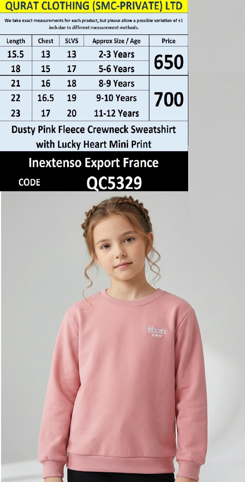 Dusty Pink Fleece Kids Crewneck Sweatshirt Lucky Heart Mini Print Inextenso Export France QC5329