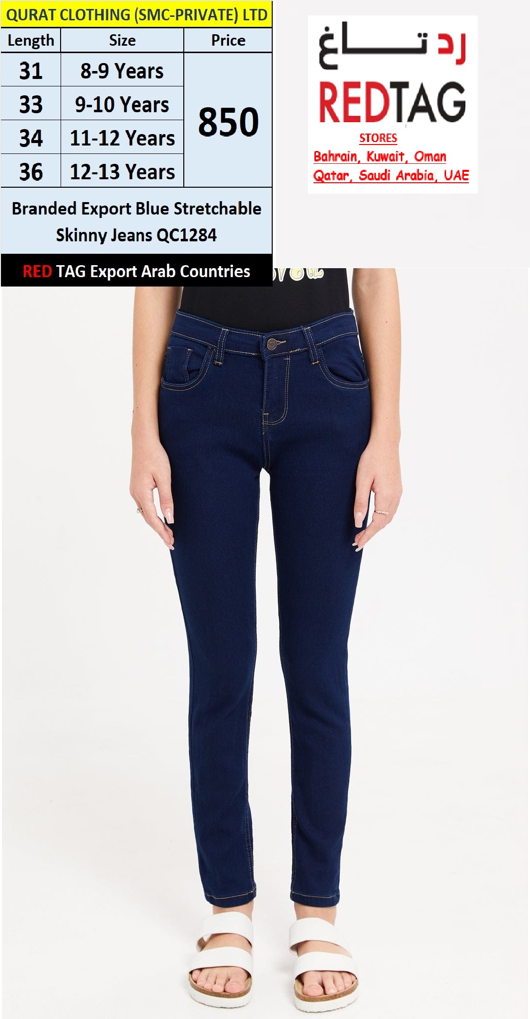 RED TAG Fashion Brand Blue Stretchable Skinny Jeans QC1284 Export Arab Countries