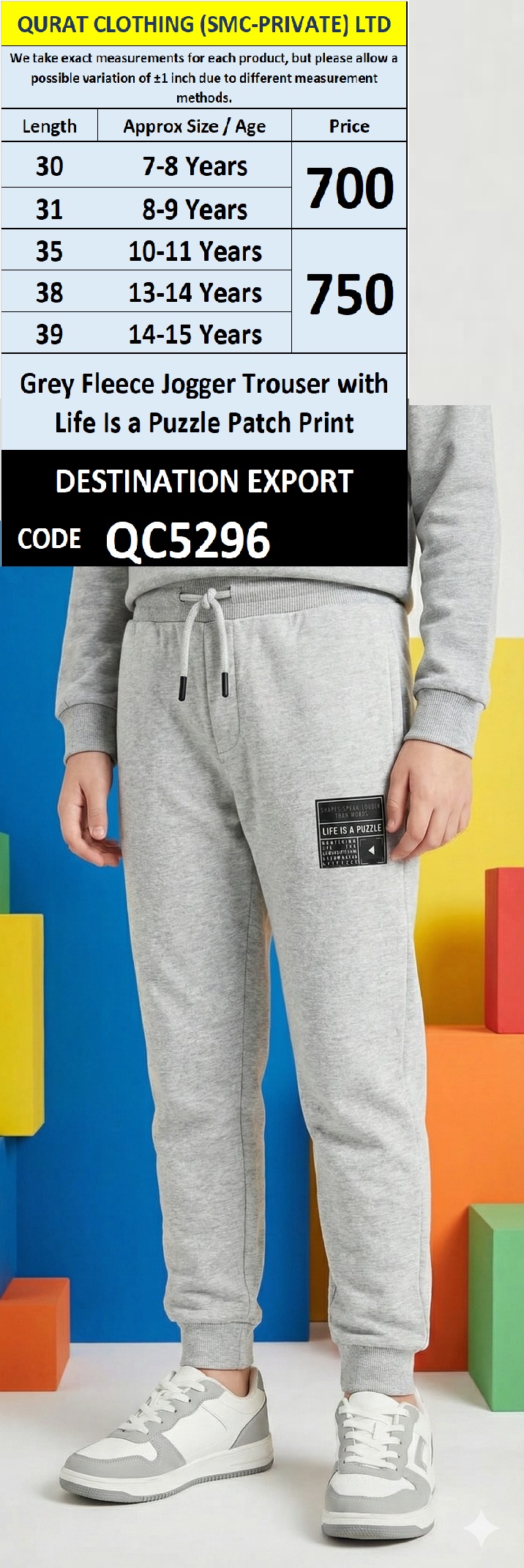 Grey Fleece Jogger Trouser with Life Is a Puzzle Patch Print for Kids QC5296
