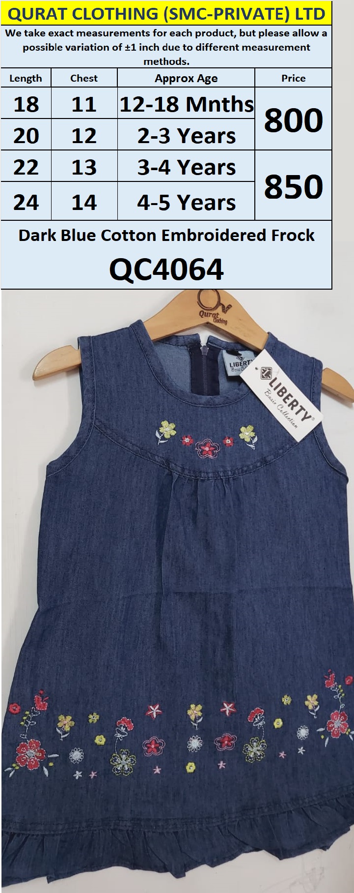 Dark Blue Cotton Embroidered Frock QC4064