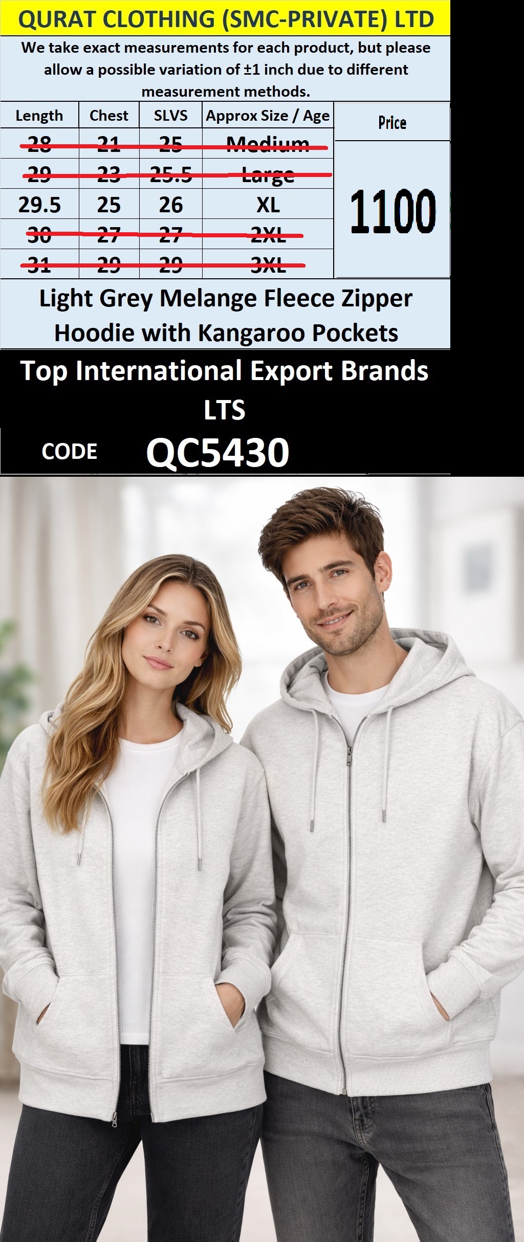 Light Grey Melange Fleece Zipper Hoodie with Kangaroo Pockets QC5430