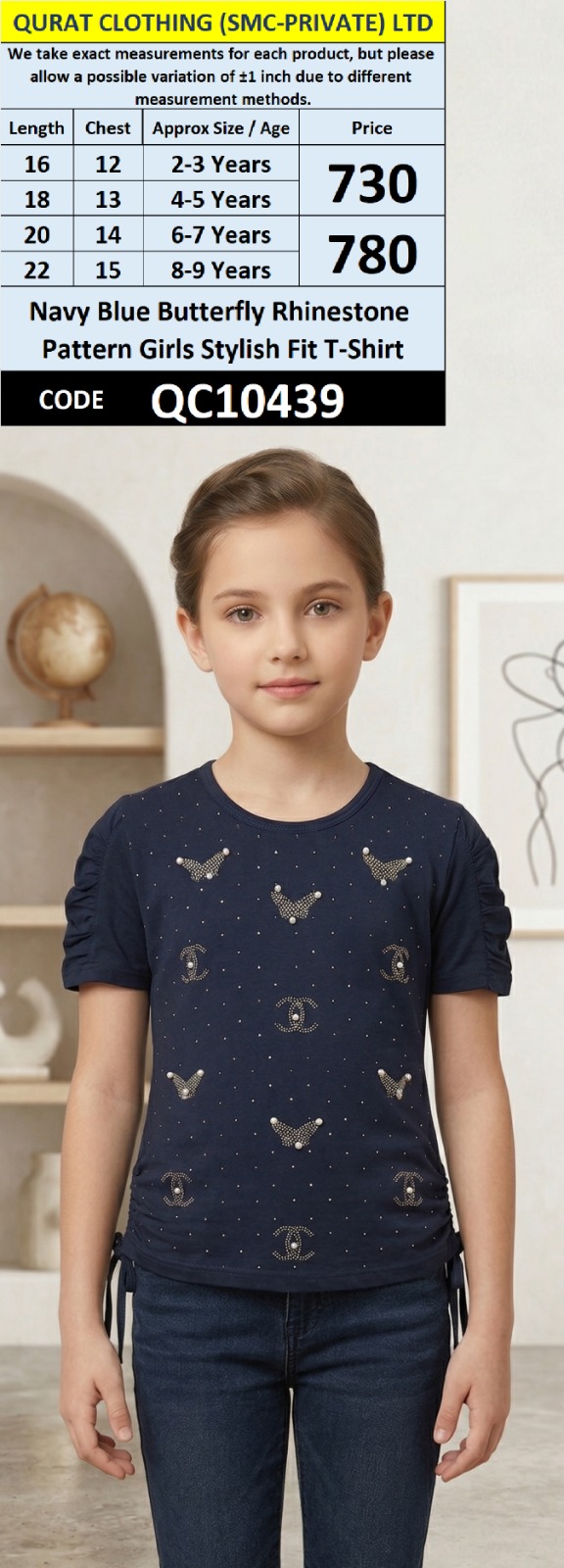 Navy Blue Butterfly Rhinestone Pattern Girls Stylish Fit T-Shirt QC10439