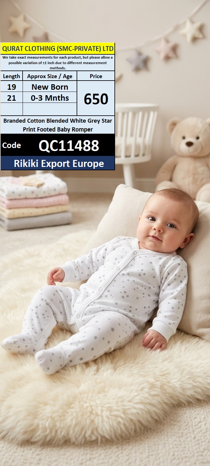 Rikiki Export Europe Branded Cotton Blended White & Grey Star Print Footed Baby Romper – QC11488