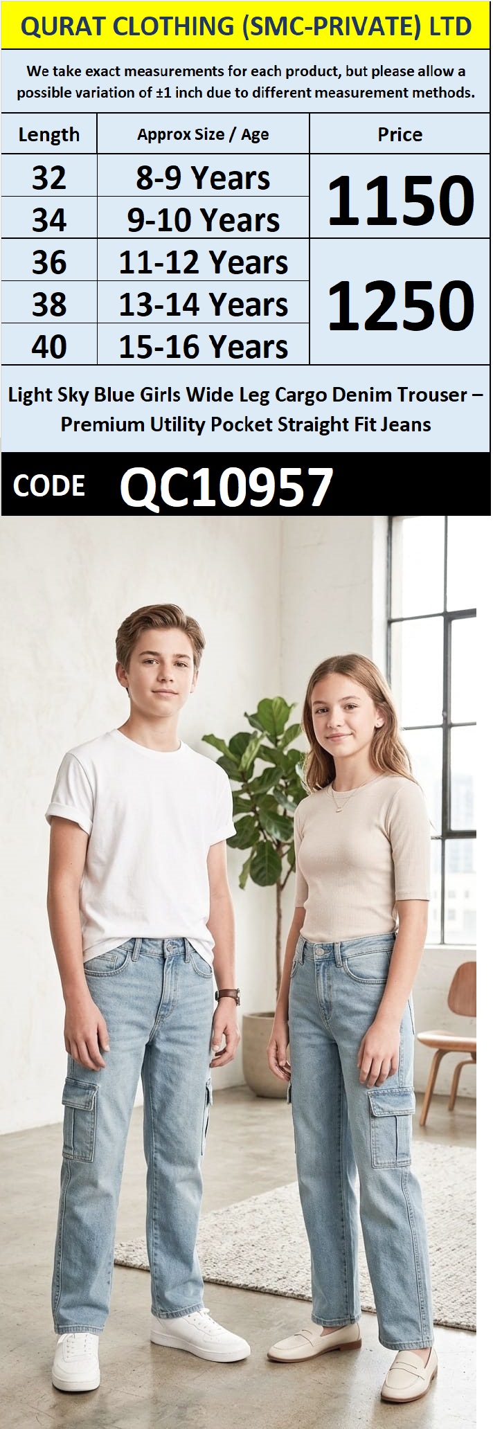 Light Sky Blue Boy & Girls Wide Leg Cargo Denim Trouser – Premium Utility Pocket Straight Fit Jeans QC10957