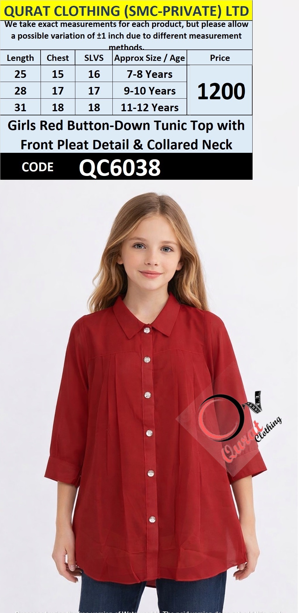 Girls Red Button-Down Tunic Top with Front Pleat Detail & Collared Neck – QC6038