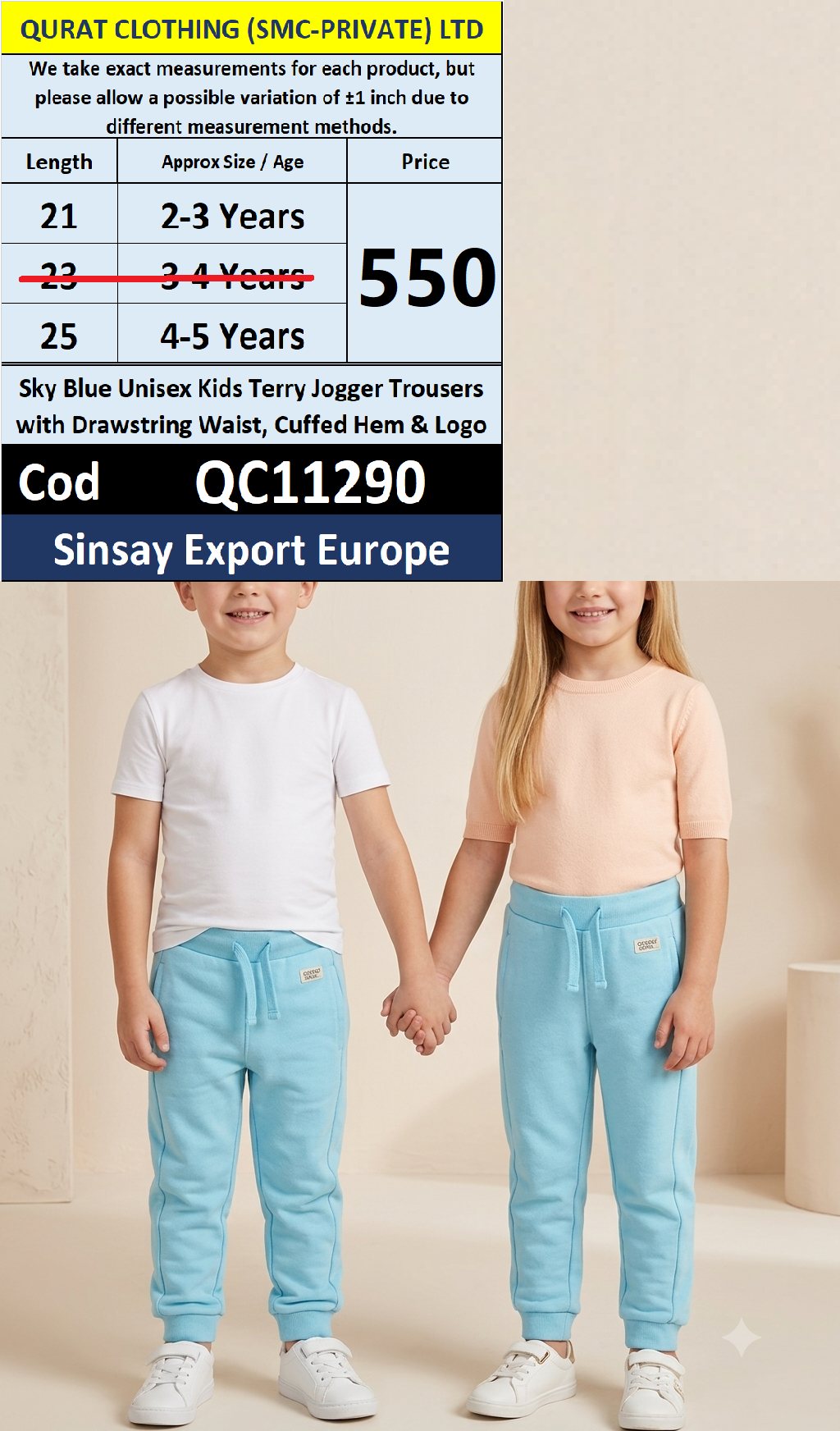 Sky Blue Unisex Kids Terry Jogger Trousers with Drawstring Waist, Cuffed Hem & Logo – Sinsay Export Europe – QC11290