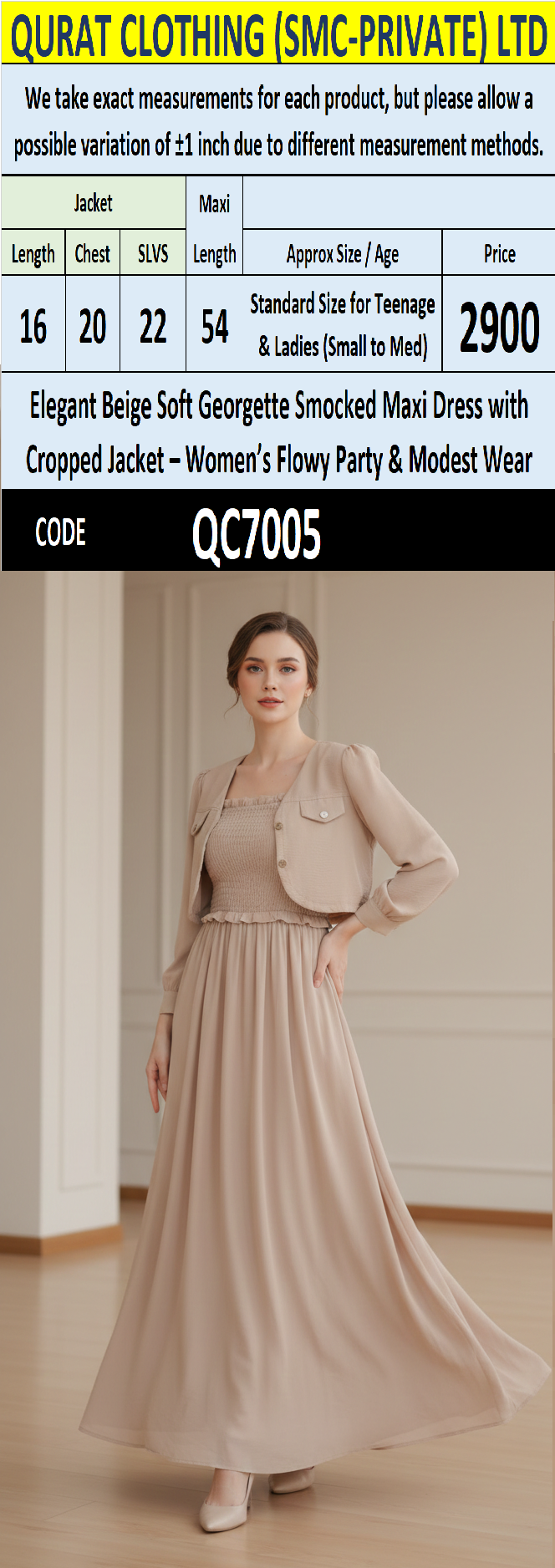 Elegant Beige Soft Georgette Smocked Maxi Dress with Cropped Jacket – Women’s Flowy Party & Modest Wear – QC7005 - QC7005