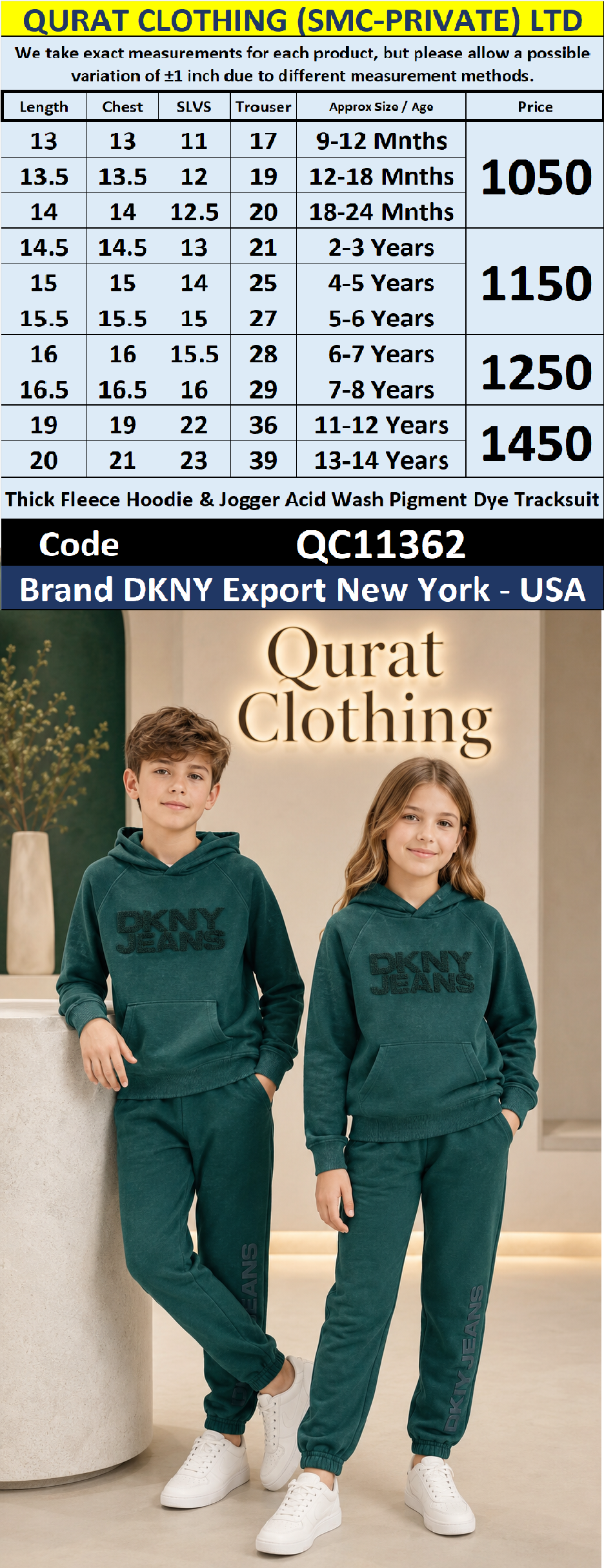 Branded DKNY Thick Fleece Hoodie & Jogger Acid Wash Pigment Dye Tracksuit QC11362  - Export USA