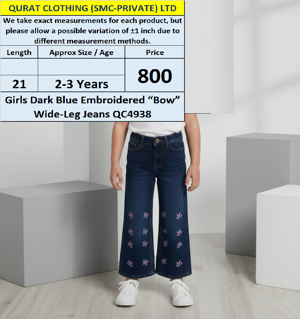 Girls Dark Blue Embroidered “Bow” Wide-Leg Jeans QC4938 