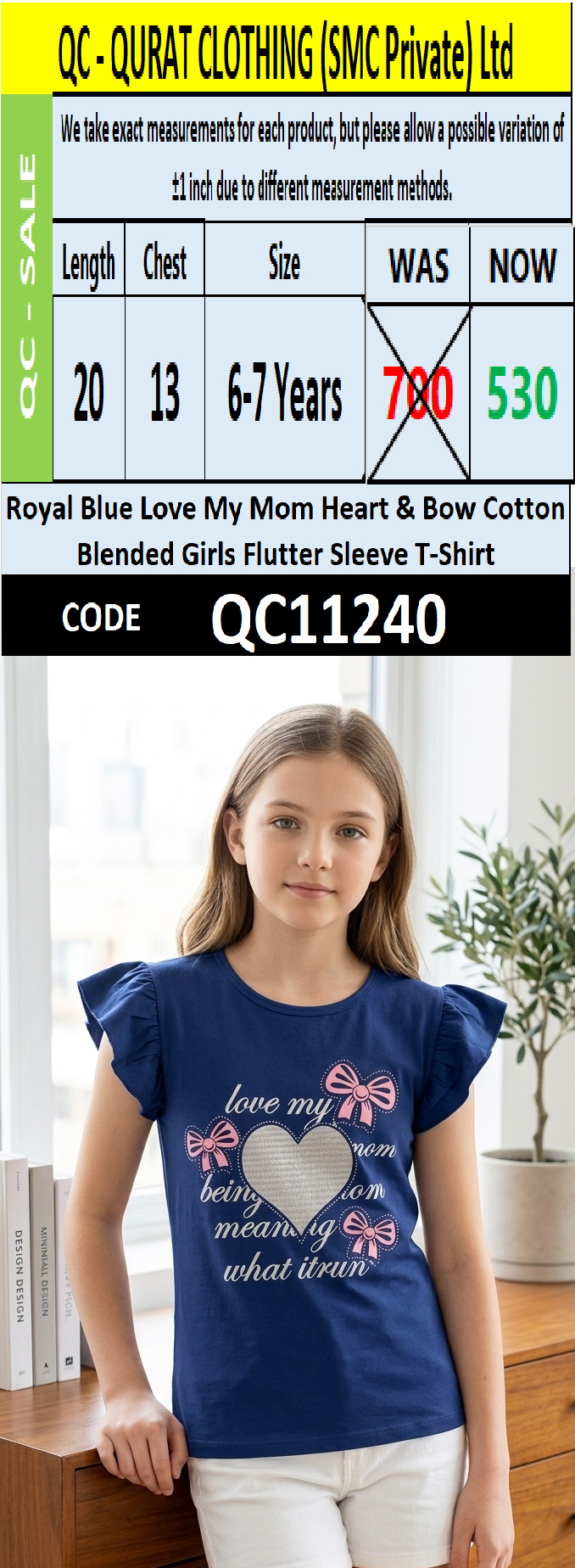 Royal Blue Love My Mom Heart & Bow Graphic Printed Cotton Blended Girls Flutter Sleeve T-Shirt QC11240