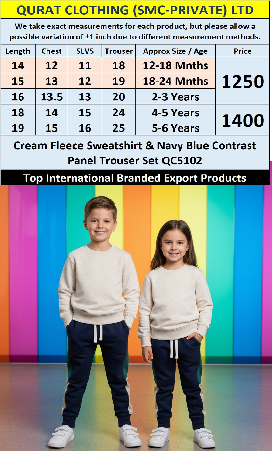 Cream Fleece Sweatshirt & Navy Blue Contrast Panel Trouser Set QC5102 – Top International Branded Export Product
