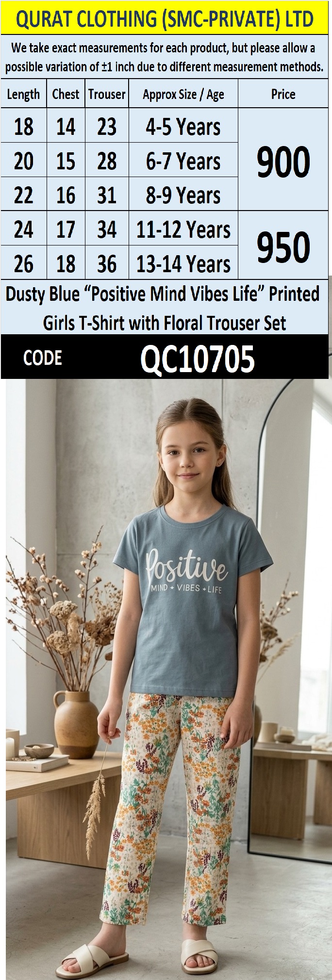 Dusty Blue “Positive Mind Vibes Life” Printed Girls T-Shirt with Floral Trouser Set – QC10705