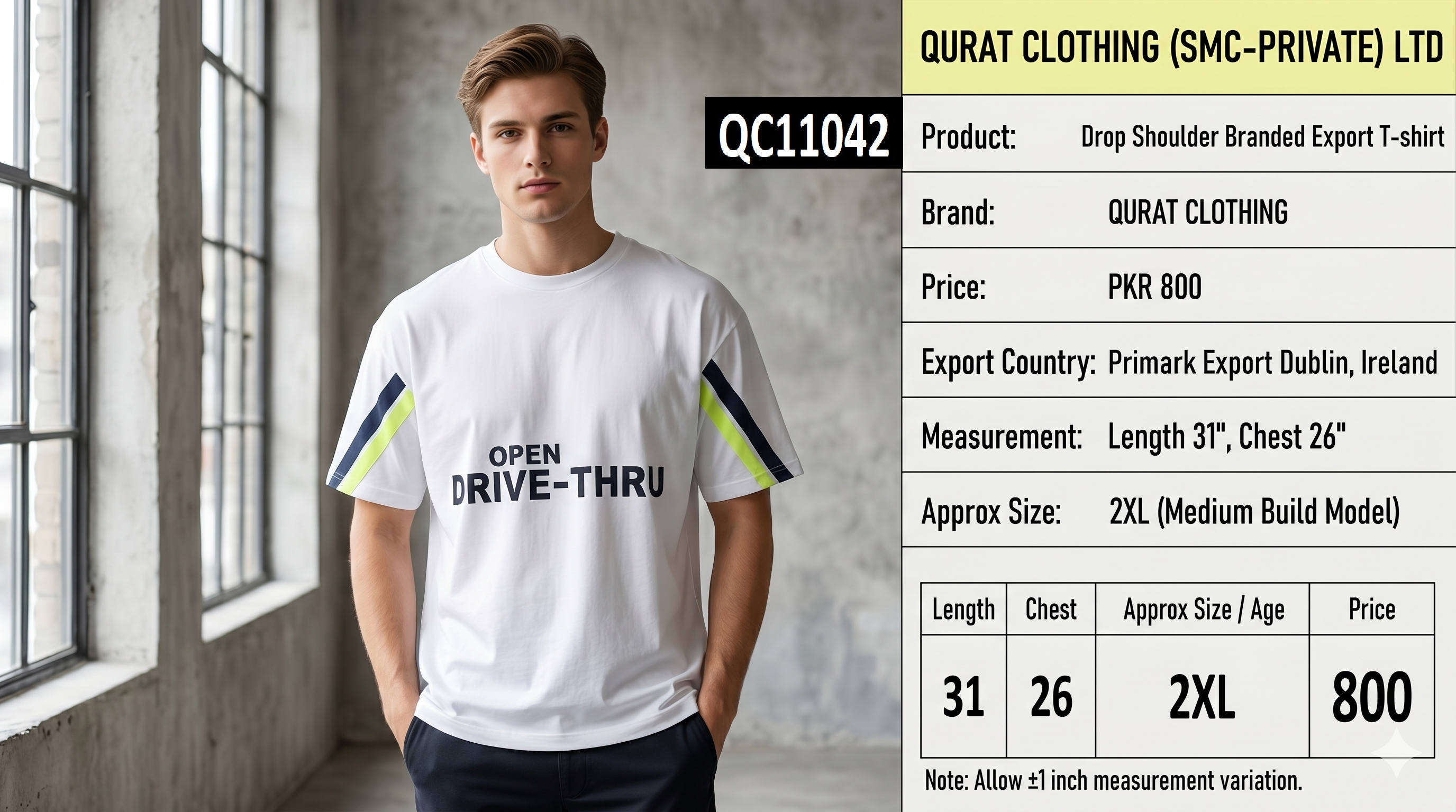 White OPEN DRIVE-THRU Print Drop Shoulder Branded Export T-Shirt – Primark Export Dublin, Ireland - QC11042