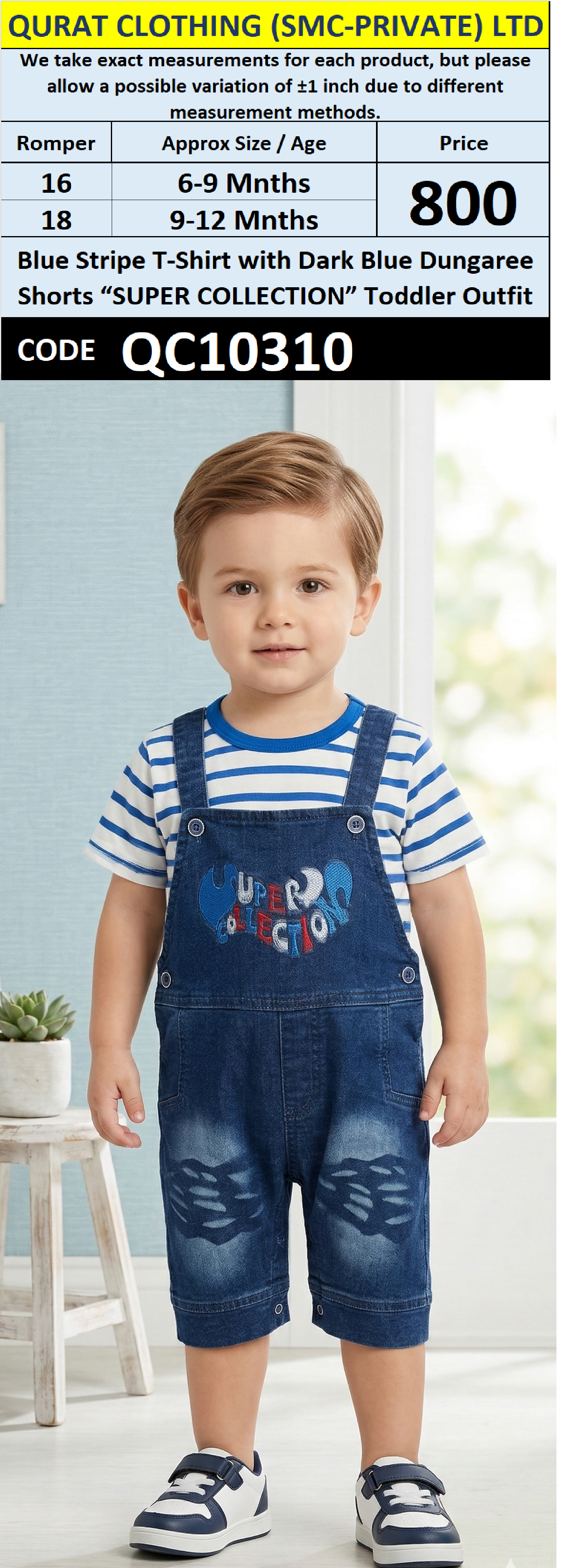 Blue Stripe T-Shirt with Dark Blue Dungaree Shorts “SUPER COLLECTION” Toddler Outfit – QC10310