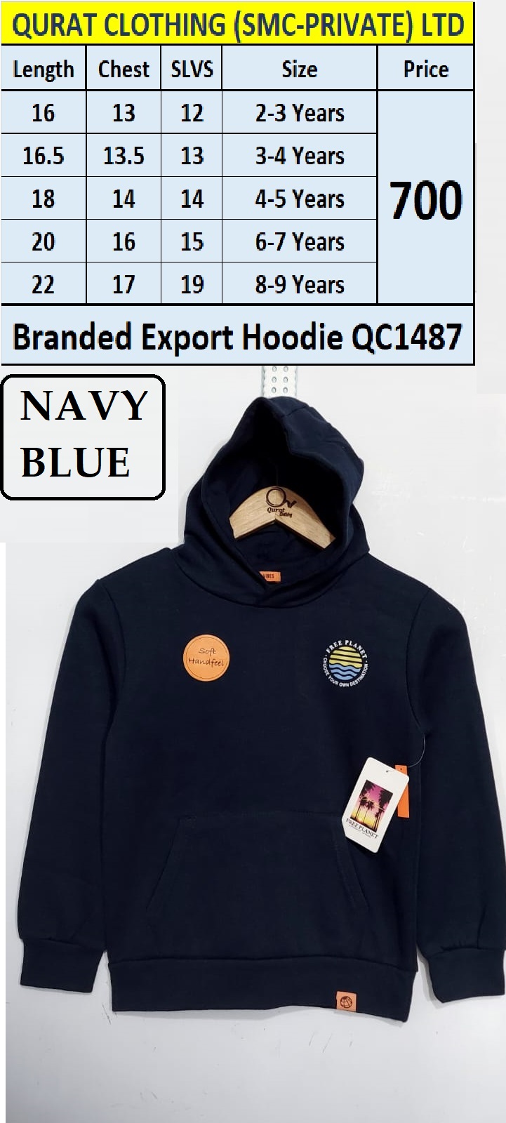 Free Planet Brand Navy Blue Hoodie QC1487 Export USA