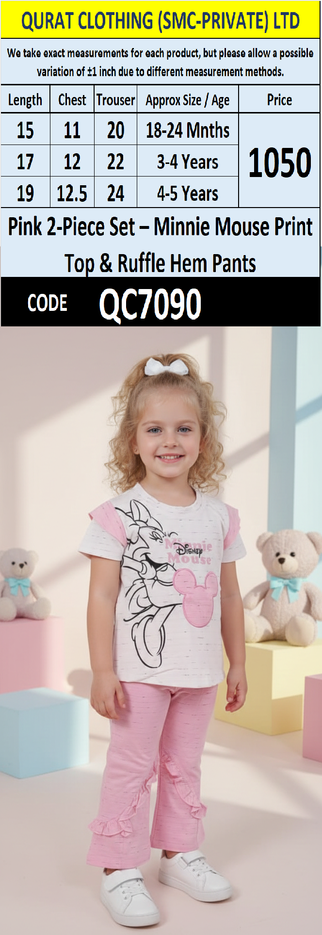 Pink 2-Piece Set – Minnie Mouse Print Top & Ruffle Hem Pants – QC7090
